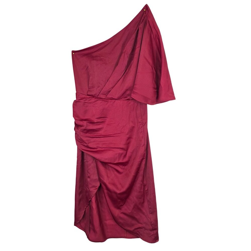 Womens Cupshe One Shoulder Satin Burgundy Ruched Midi Dress 100% Polyester S